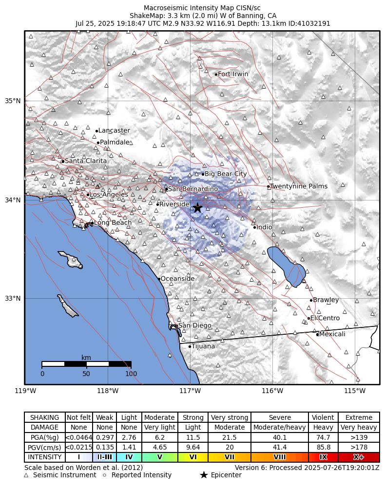 USGS ShakeMap intensity contours for the M2.9 earthquake near 3 km W of Banning, CA