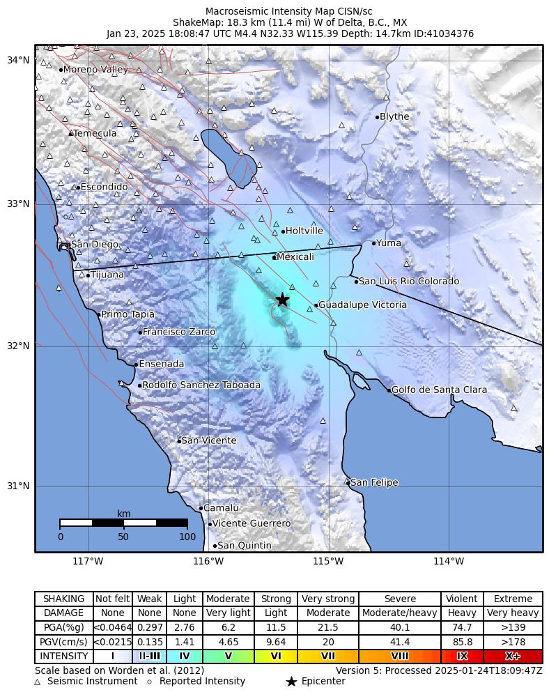 USGS ShakeMap intensity contours for the M4.4 earthquake near 18 km W of Delta, B.C., MX