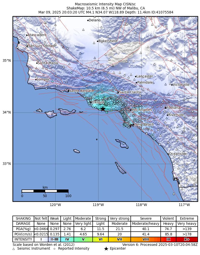 USGS ShakeMap intensity contours for the M4.1 earthquake near 10 km NW of Malibu, CA