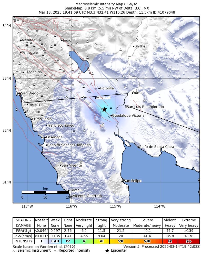 USGS ShakeMap intensity contours for the M3.3 earthquake near 9 km NW of Delta, B.C., MX