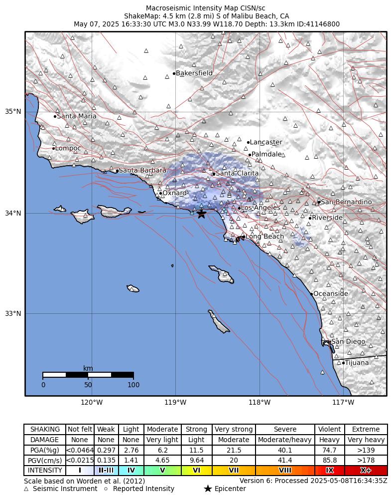USGS ShakeMap intensity contours for the M3.0 earthquake near 4 km S of Malibu Beach, CA