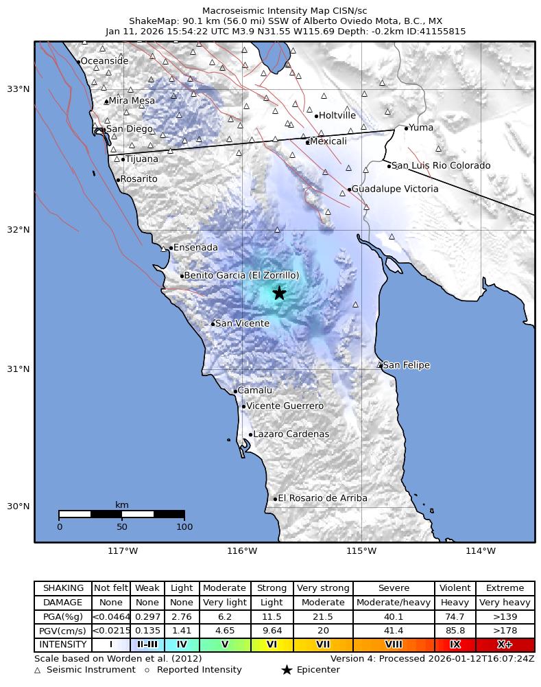 USGS ShakeMap intensity contours for the M3.7 earthquake near 51 km ENE of San Vicente, Mexico