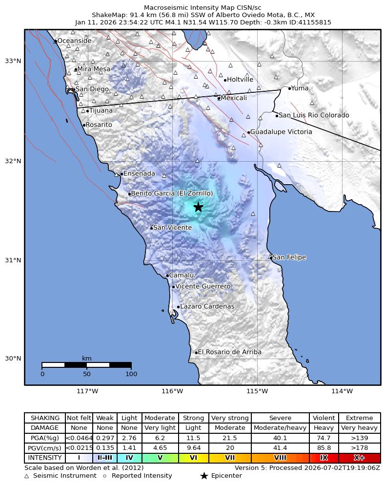 USGS ShakeMap intensity contours for the M3.7 earthquake near 51 km ENE of San Vicente, Mexico