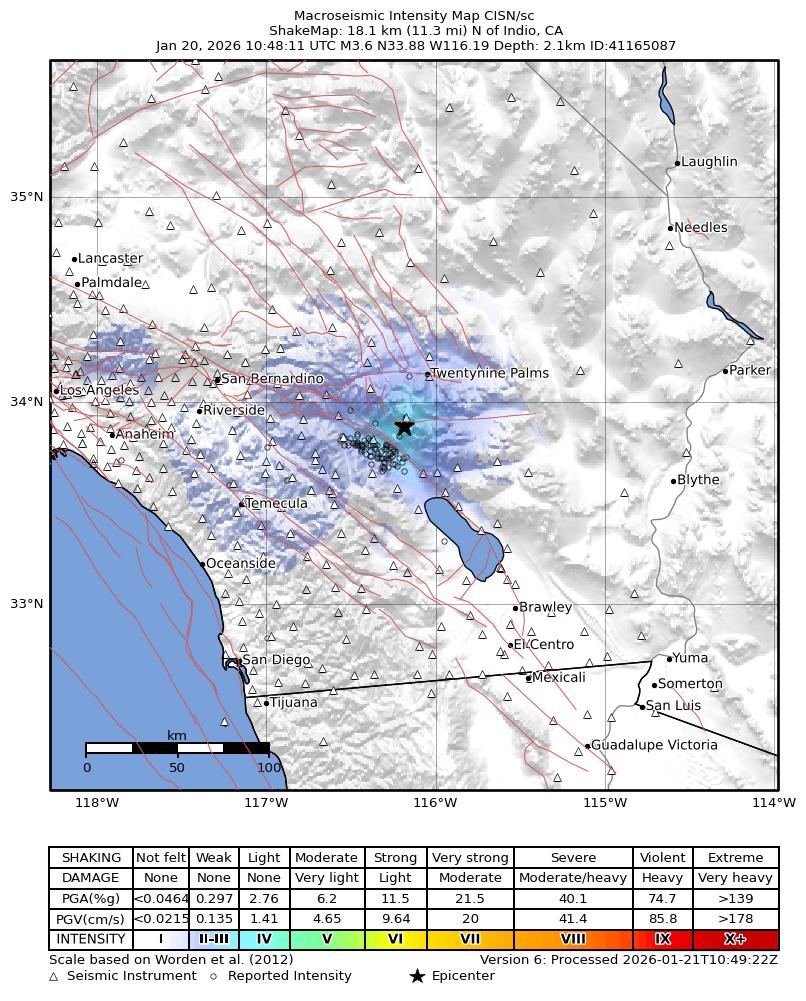 USGS ShakeMap intensity contours for the M3.8 earthquake near 18 km N of Indio, CA