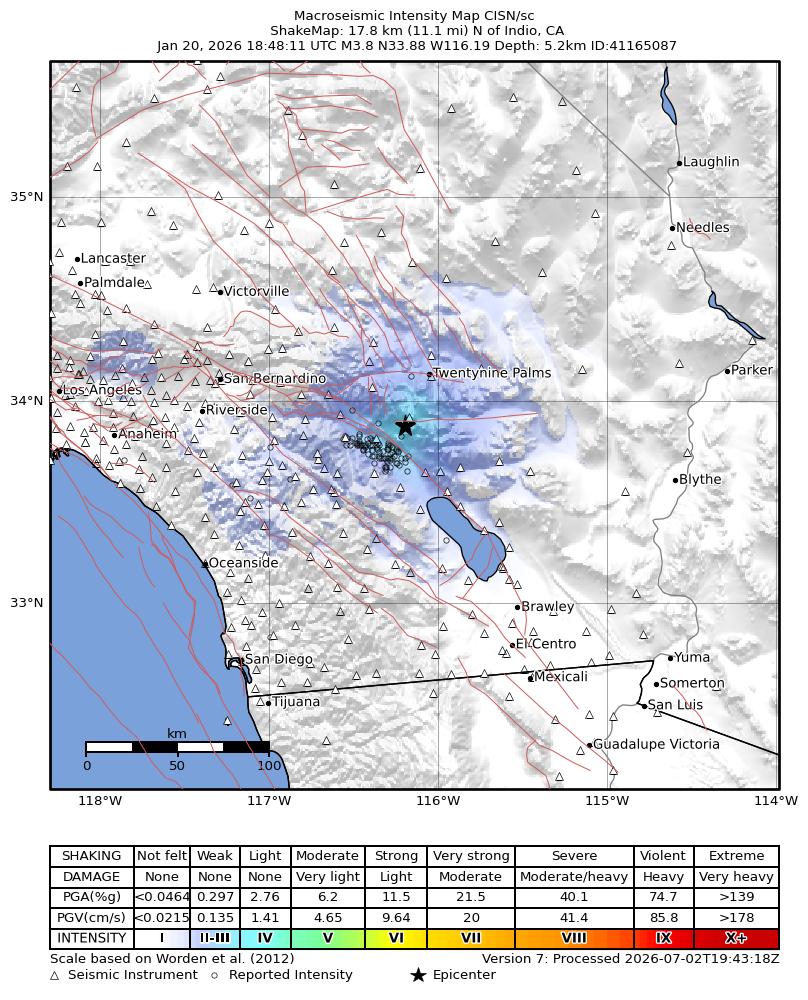 USGS ShakeMap intensity contours for the M3.8 earthquake near 18 km N of Indio, CA