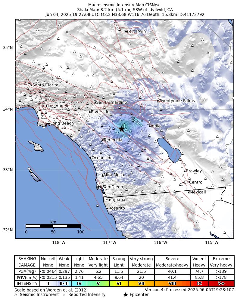 USGS ShakeMap intensity contours for the M3.2 earthquake near 8 km SSW of Idyllwild, CA