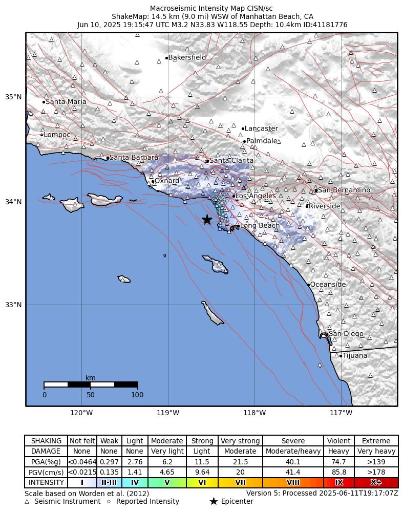 USGS ShakeMap intensity contours for the M3.3 earthquake near 14 km WSW of Manhattan Beach, CA