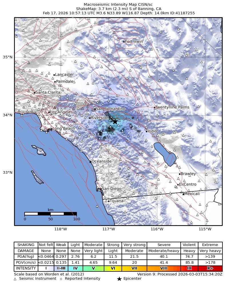 USGS ShakeMap intensity contours for the M3.6 earthquake near 4 km S of Banning, CA