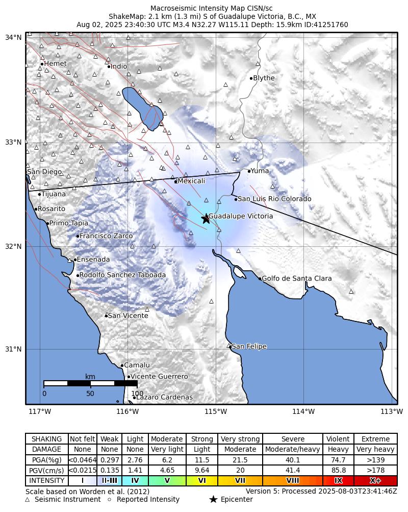 USGS ShakeMap intensity contours for the M3.4 earthquake near 2 km S of Guadalupe Victoria, B.C., MX