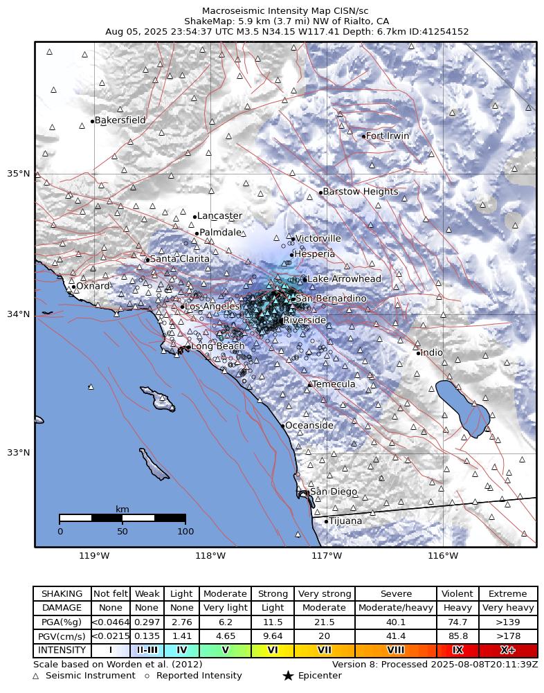 USGS ShakeMap intensity contours for the M3.5 earthquake near 6 km NW of Rialto, CA