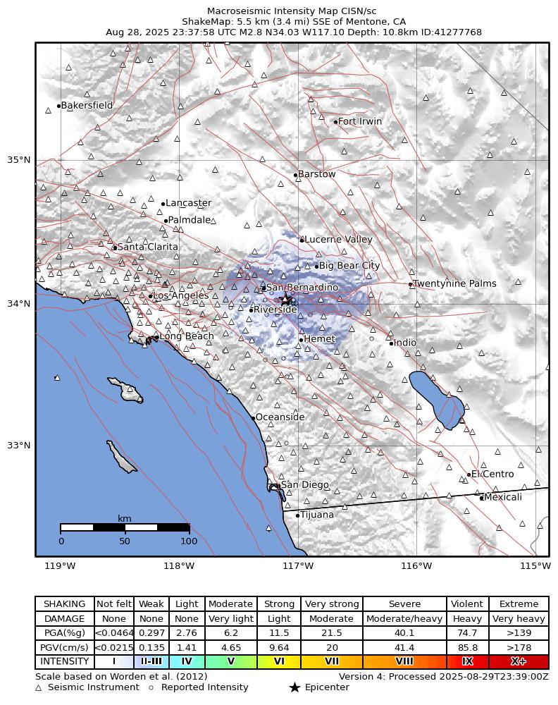 USGS ShakeMap intensity contours for the M2.8 earthquake near 6 km SSE of Mentone, CA