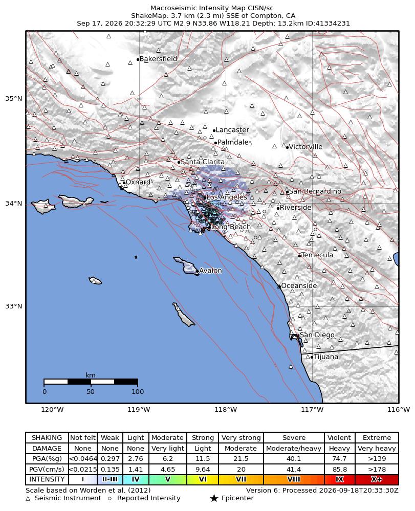 USGS ShakeMap: estimated shaking intensity around the epicenter