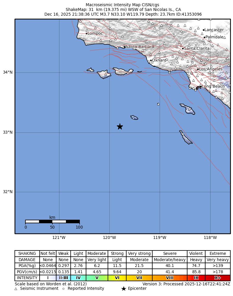 USGS ShakeMap intensity contours for the M3.4 earthquake near 149 km SSW of Channel Islands Beach, California