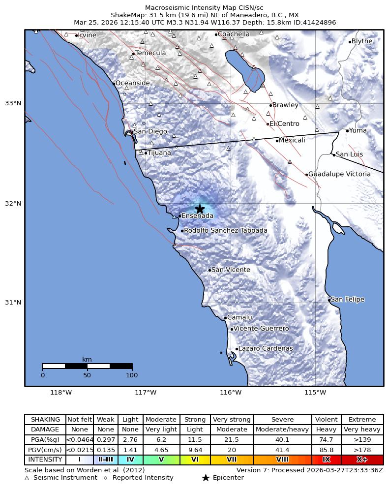 USGS ShakeMap intensity contours for the M3.3 earthquake near 25 km ENE of Ensenada, B.C., MX
