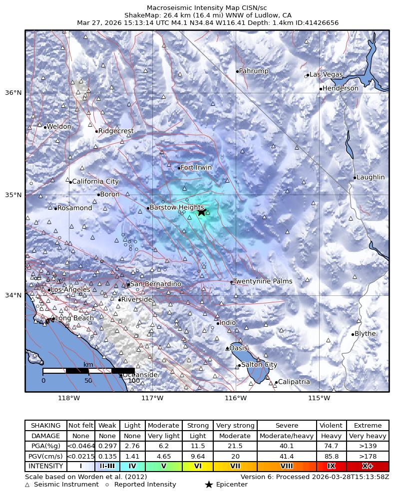 USGS ShakeMap intensity contours for the M4.1 earthquake near 26 km WNW of Ludlow, CA