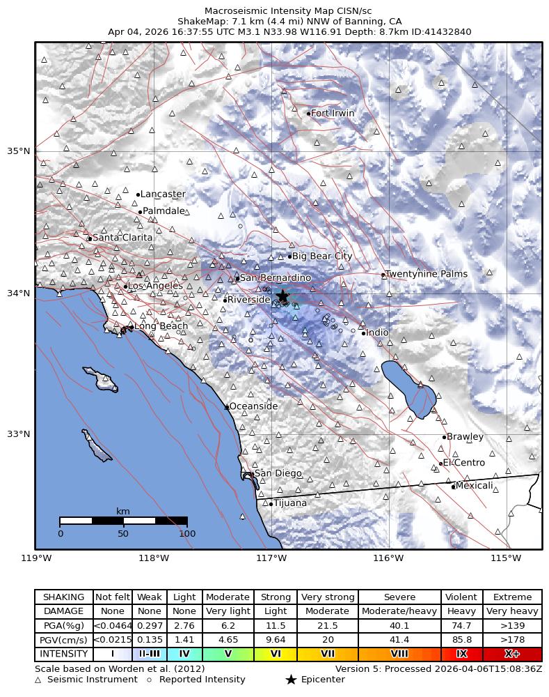 USGS ShakeMap intensity contours for the M3.1 earthquake near 7 km NNW of Banning, CA