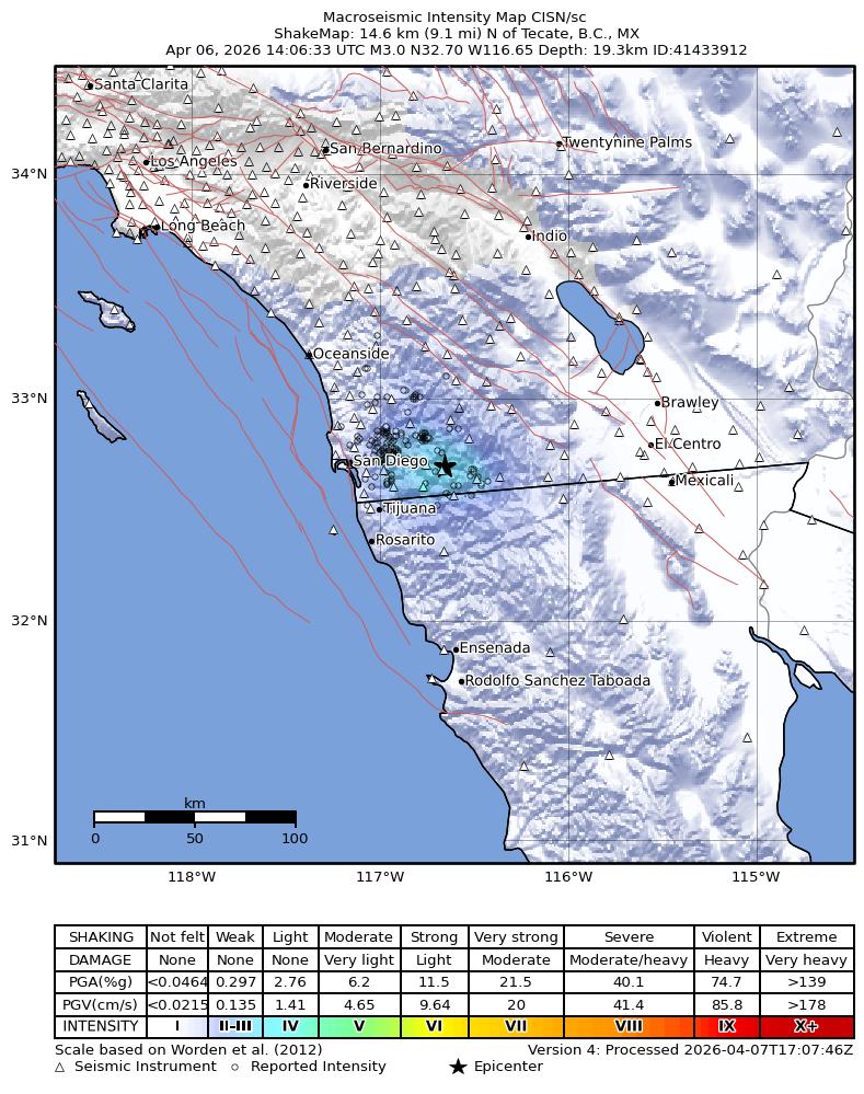 USGS ShakeMap intensity contours for the M3.0 earthquake near 13 km N of Tecate, B.C., MX