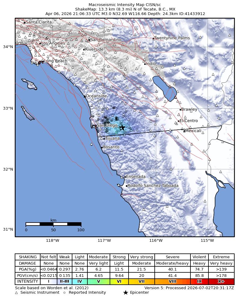 USGS ShakeMap intensity contours for the M3.0 earthquake near 13 km N of Tecate, B.C., MX