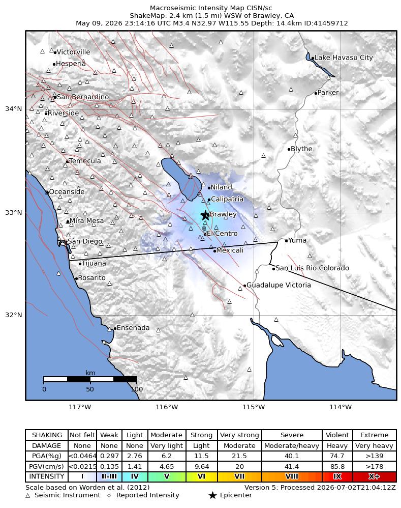 USGS ShakeMap intensity contours for the M3.4 earthquake near 2 km WSW of Brawley, CA
