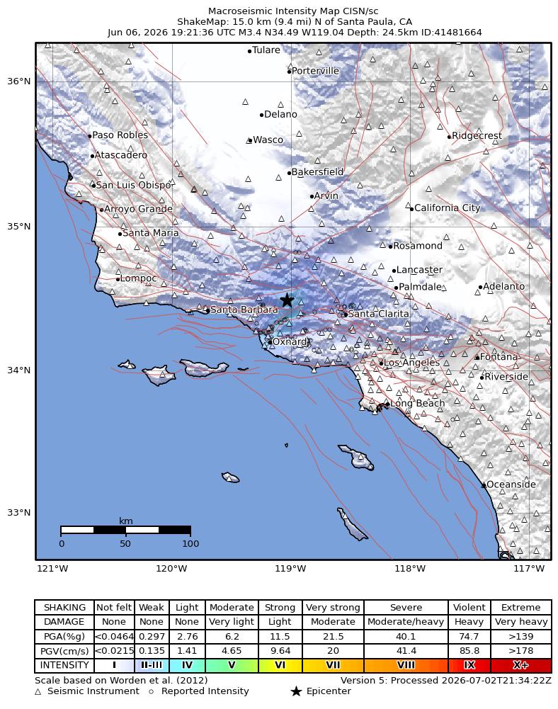 USGS ShakeMap intensity contours for the M3.4 earthquake near 15 km NW of Fillmore, CA