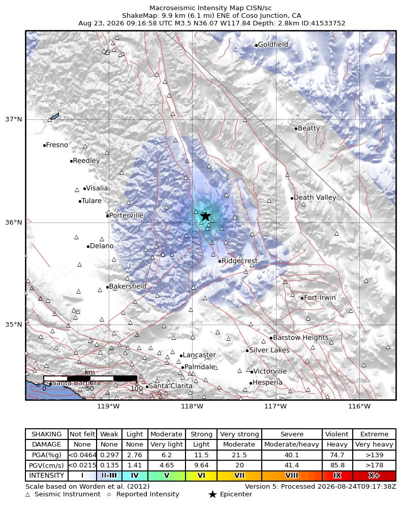 USGS ShakeMap intensity contours for the M3.5 earthquake near 10 km ENE of Coso Junction, CA