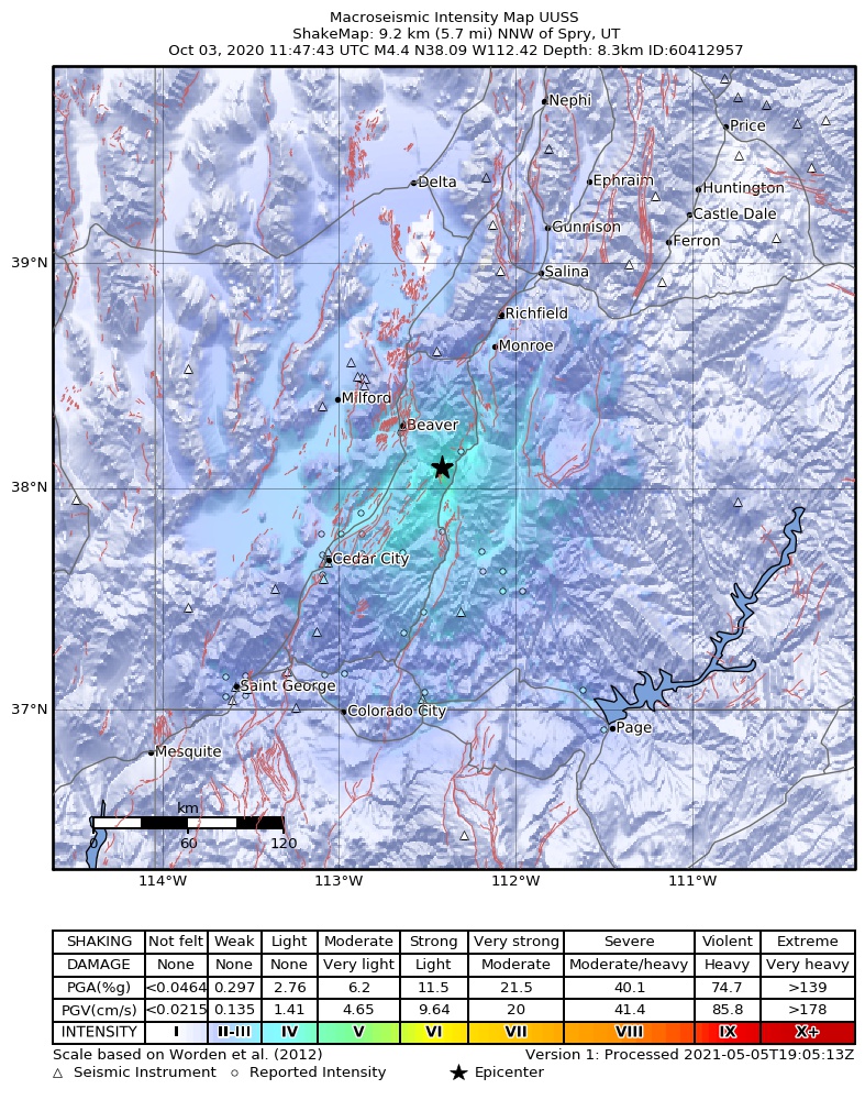 USGS ShakeMap: estimated shaking intensity around the epicenter