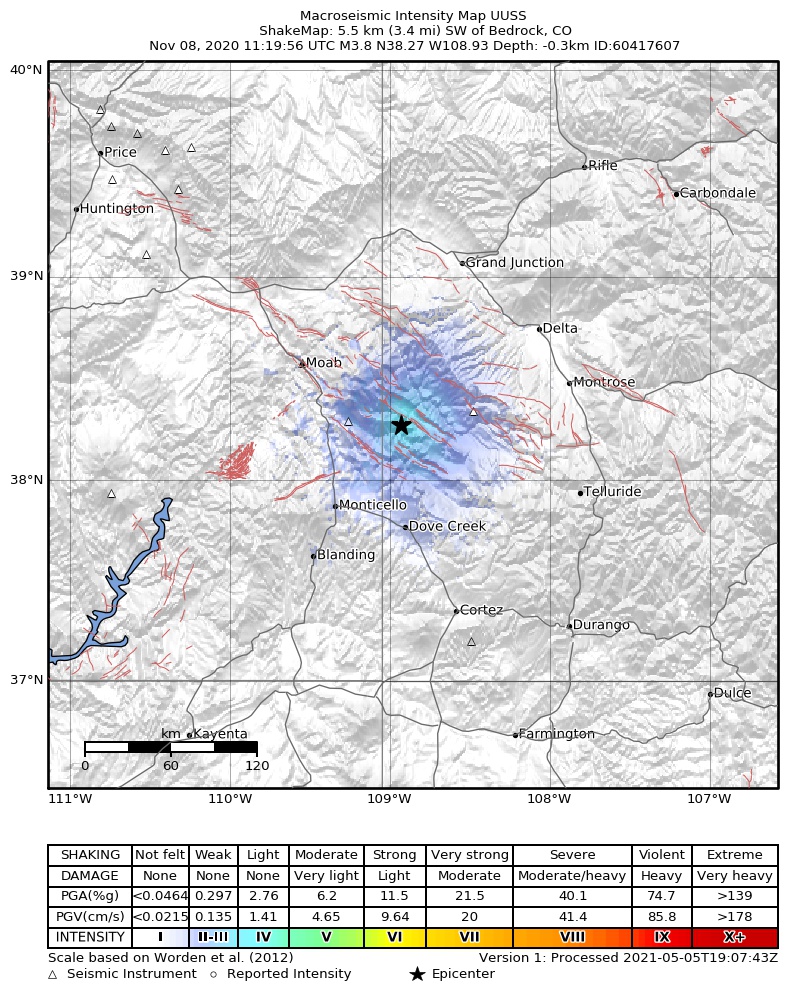 USGS ShakeMap: estimated shaking intensity around the epicenter