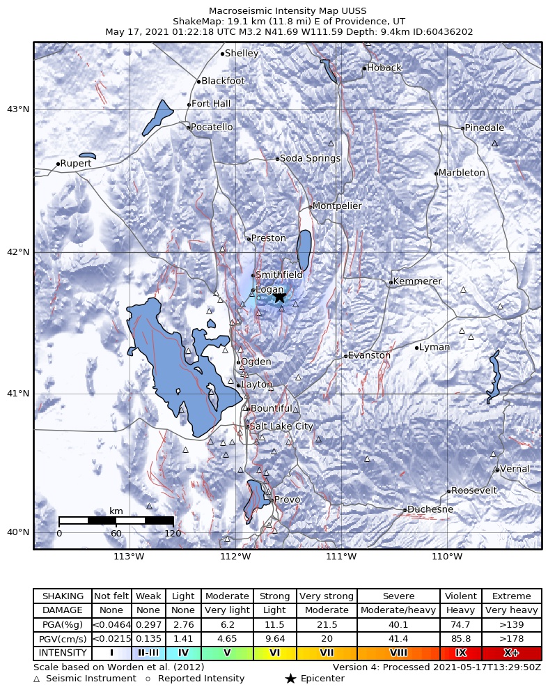 USGS ShakeMap: estimated shaking intensity around the epicenter