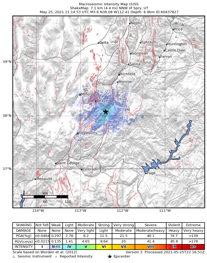 USGS ShakeMap intensity contours for the M3.6 earthquake near 15 km SW of Circleville, Utah