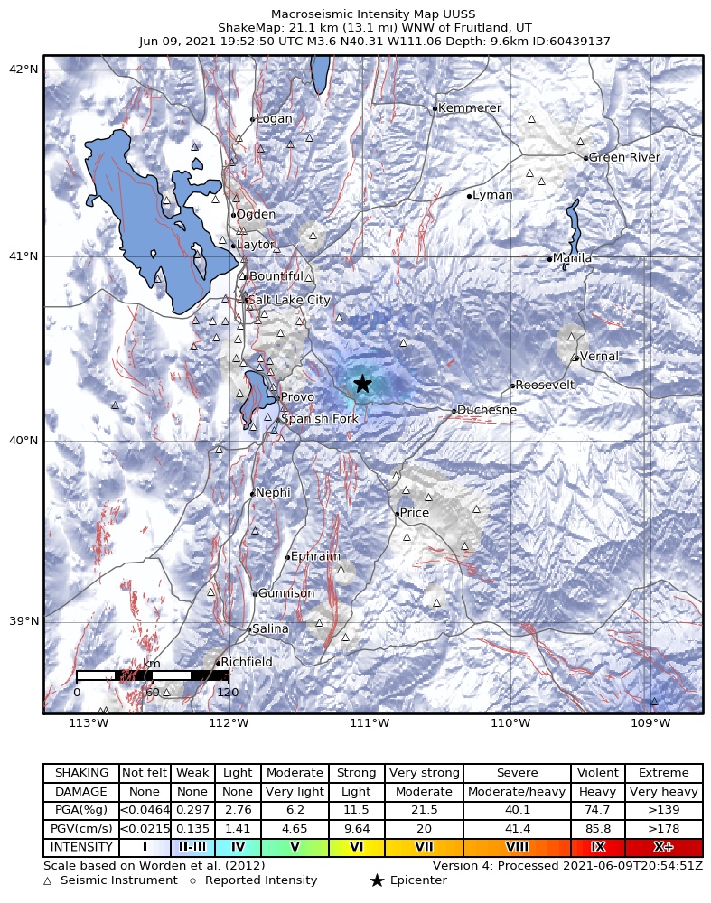 USGS ShakeMap intensity contours for the M3.6 earthquake near 17 km E of Independence, Utah