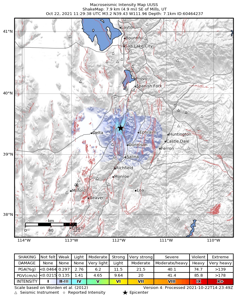USGS ShakeMap: estimated shaking intensity around the epicenter
