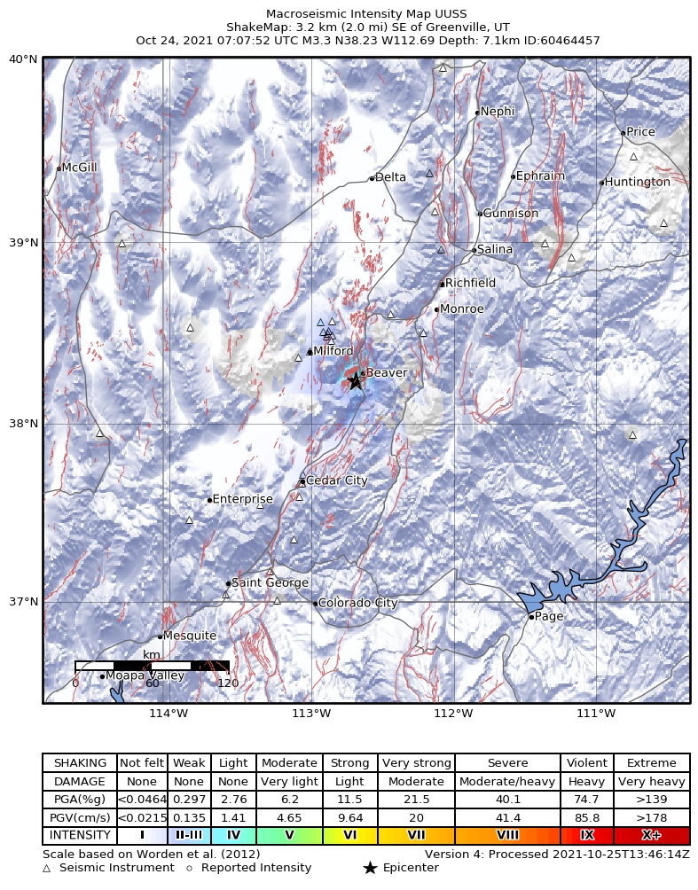 USGS ShakeMap: estimated shaking intensity around the epicenter