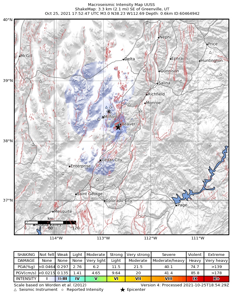 USGS ShakeMap: estimated shaking intensity around the epicenter