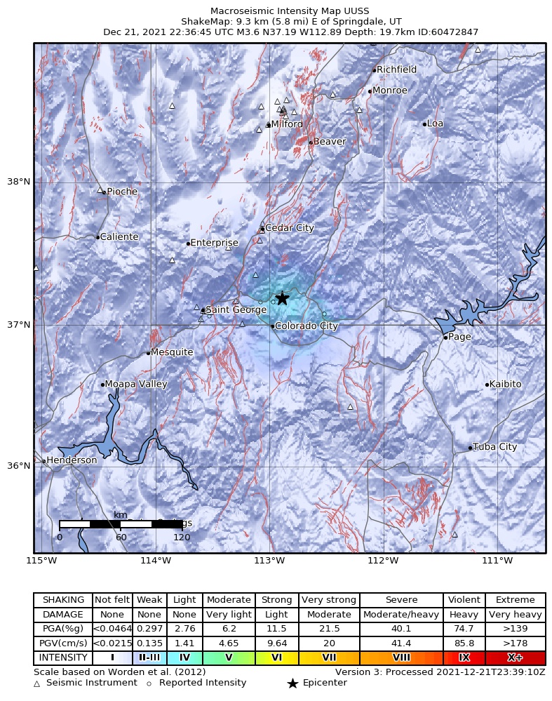 USGS ShakeMap intensity contours for the M3.6 earthquake near 9 km E of Springdale, Utah