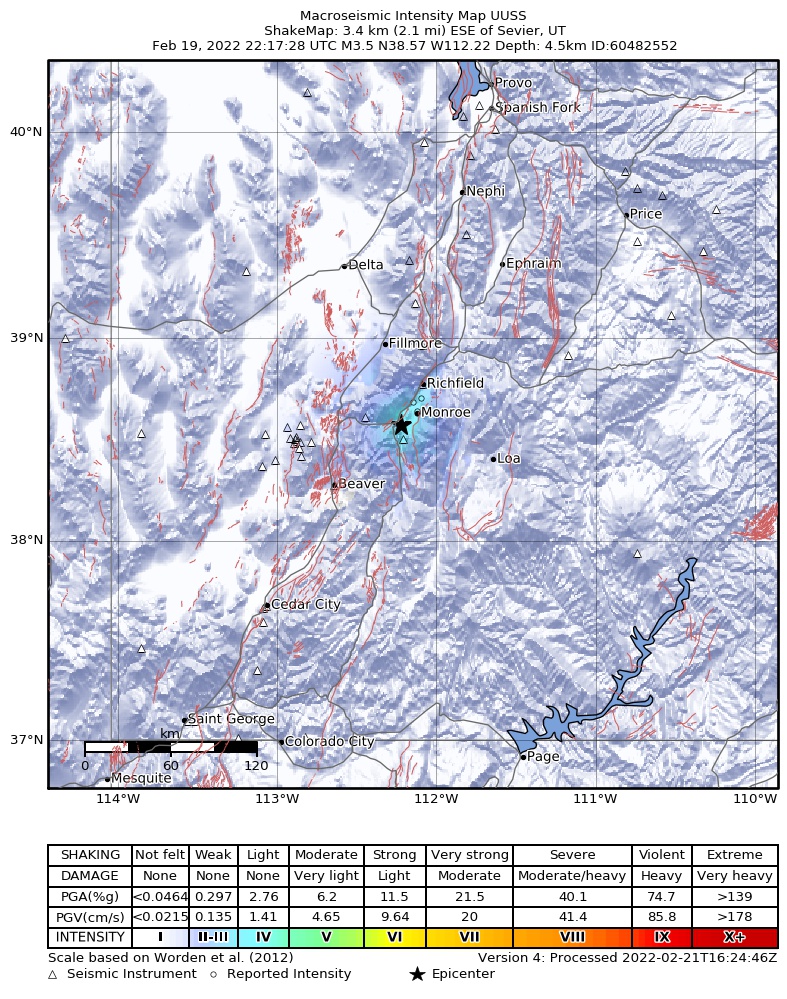 USGS ShakeMap intensity contours for the M3.5 earthquake near 5 km S of Joseph, Utah