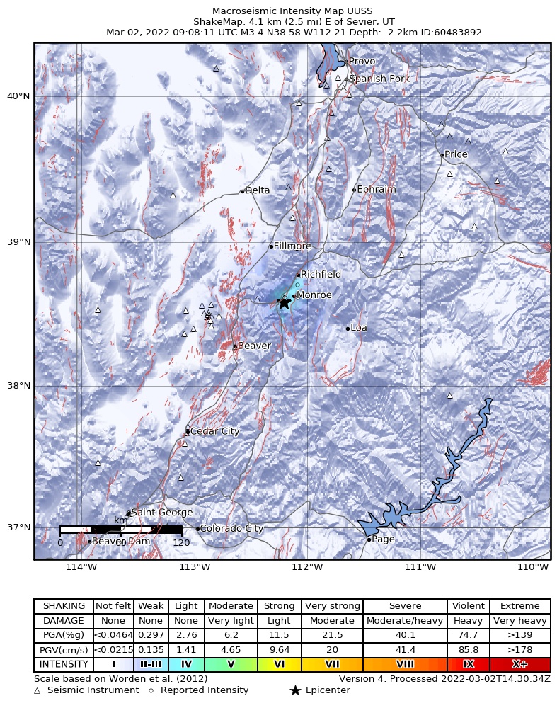 USGS ShakeMap: estimated shaking intensity around the epicenter