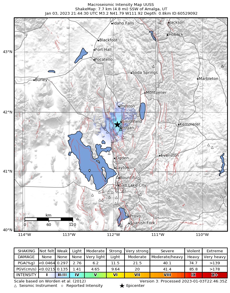 USGS ShakeMap intensity contours for the M3.2 earthquake near 1 km NE of Benson, Utah