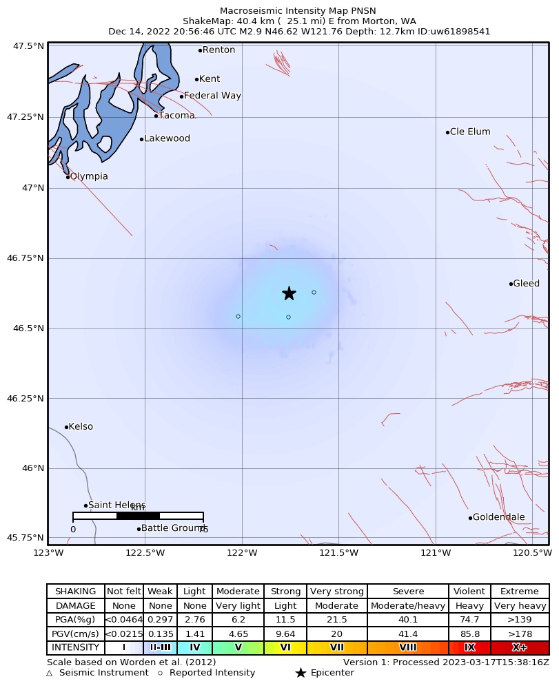 USGS ShakeMap intensity contours for the M2.9 earthquake near 7 km W of Packwood, Washington