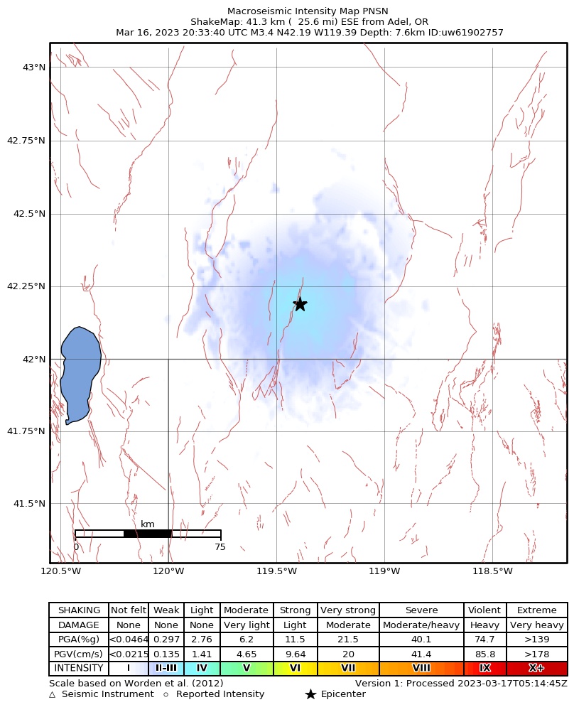 USGS ShakeMap intensity contours for the M3.2 earthquake near 49 km ESE of Plush, Oregon