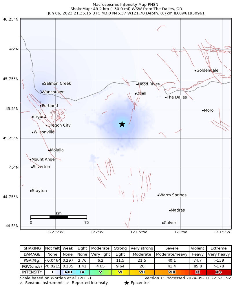 USGS ShakeMap intensity contours for the M3.0 earthquake near 8 km NNE of Government Camp, Oregon