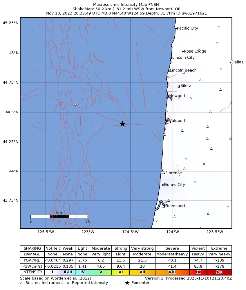 USGS ShakeMap intensity contours for the M3.1 earthquake near 39 km WNW of Yachats, Oregon