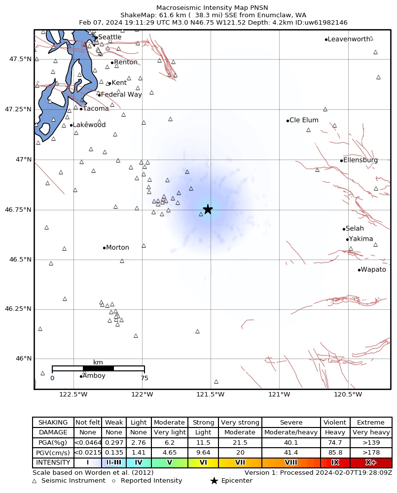 USGS ShakeMap intensity contours for the M3.1 earthquake near 19 km NE of Packwood, Washington