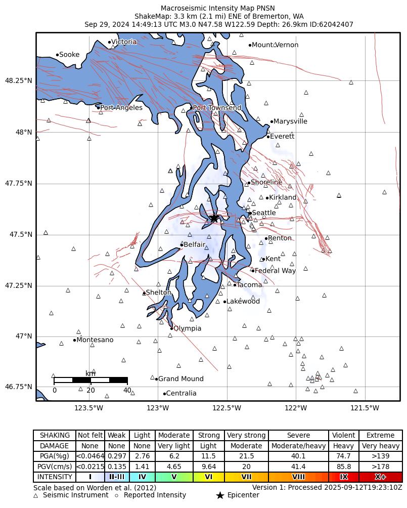 USGS ShakeMap intensity contours for the M3.0 earthquake near 0 km E of Enetai, Washington