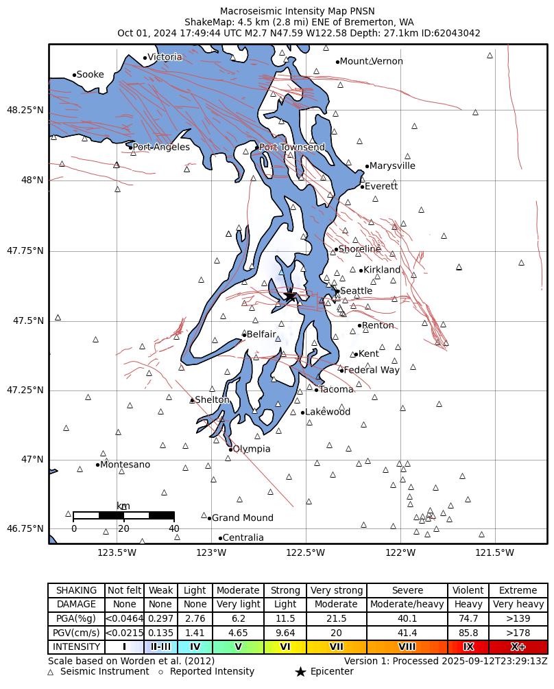 USGS ShakeMap intensity contours for the M2.7 earthquake near 1 km ENE of Enetai, Washington