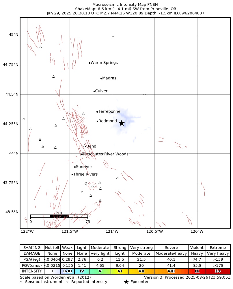 USGS ShakeMap intensity contours for the M2.7 earthquake near 6 km SW of Prineville, Oregon