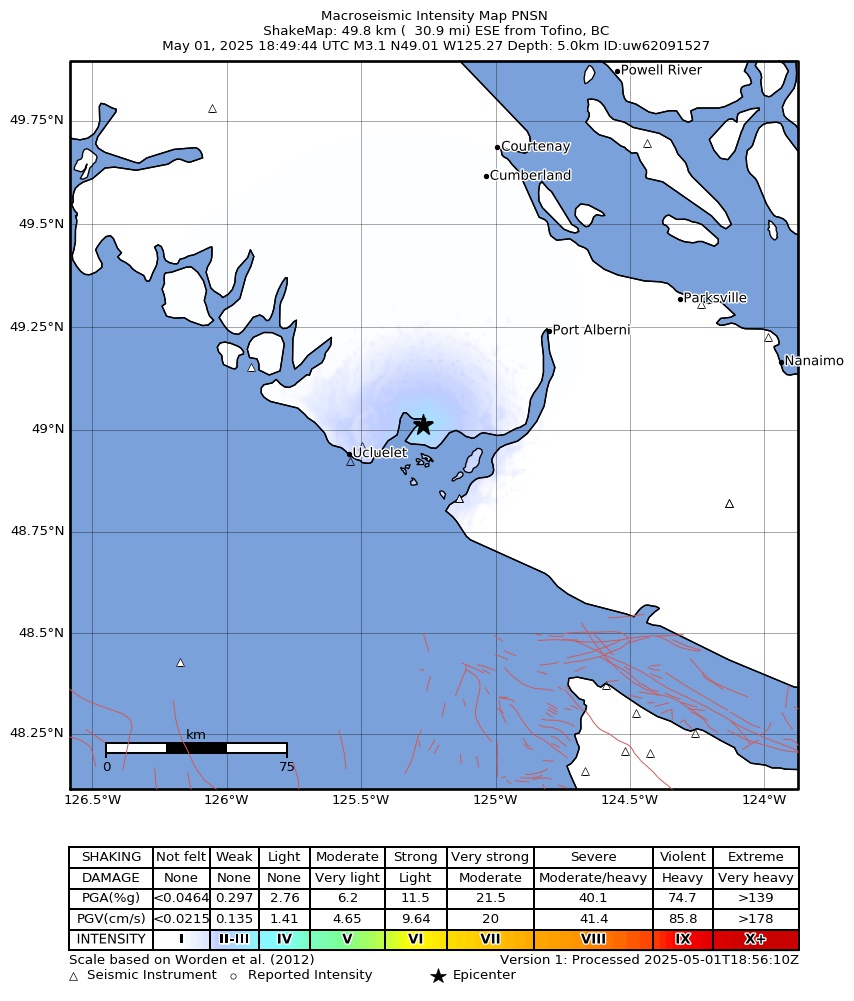 USGS ShakeMap intensity contours for the M3.0 earthquake near 19 km E of Ucluelet, Canada