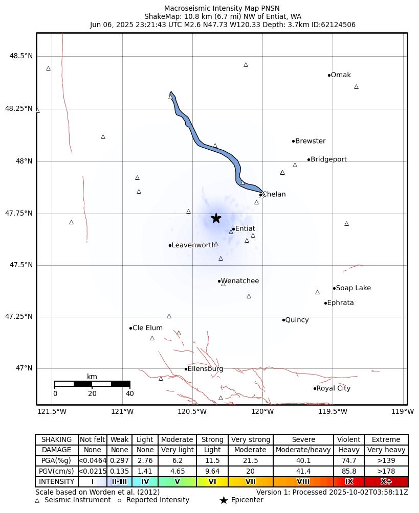 USGS ShakeMap intensity contours for the M2.6 earthquake near 10 km WNW of Entiat, Washington