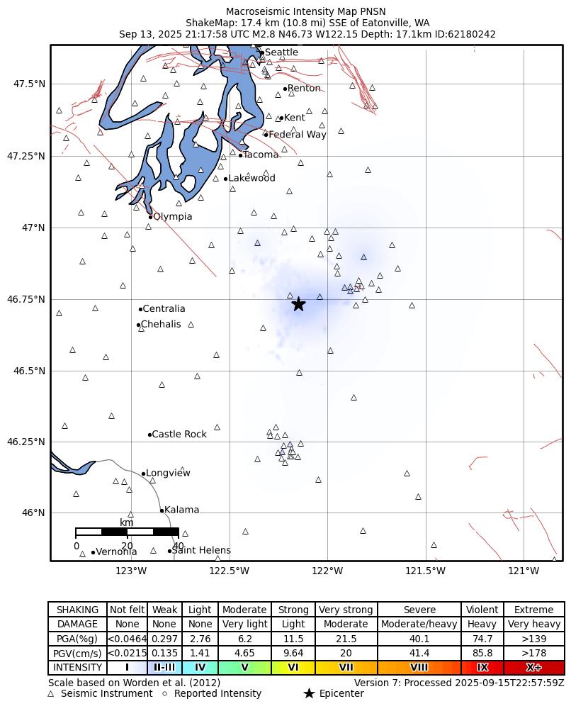 USGS ShakeMap intensity contours for the M2.8 earthquake near 3 km NE of Mineral, Washington