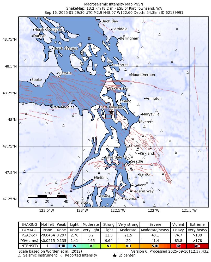 USGS ShakeMap: estimated shaking intensity around the epicenter