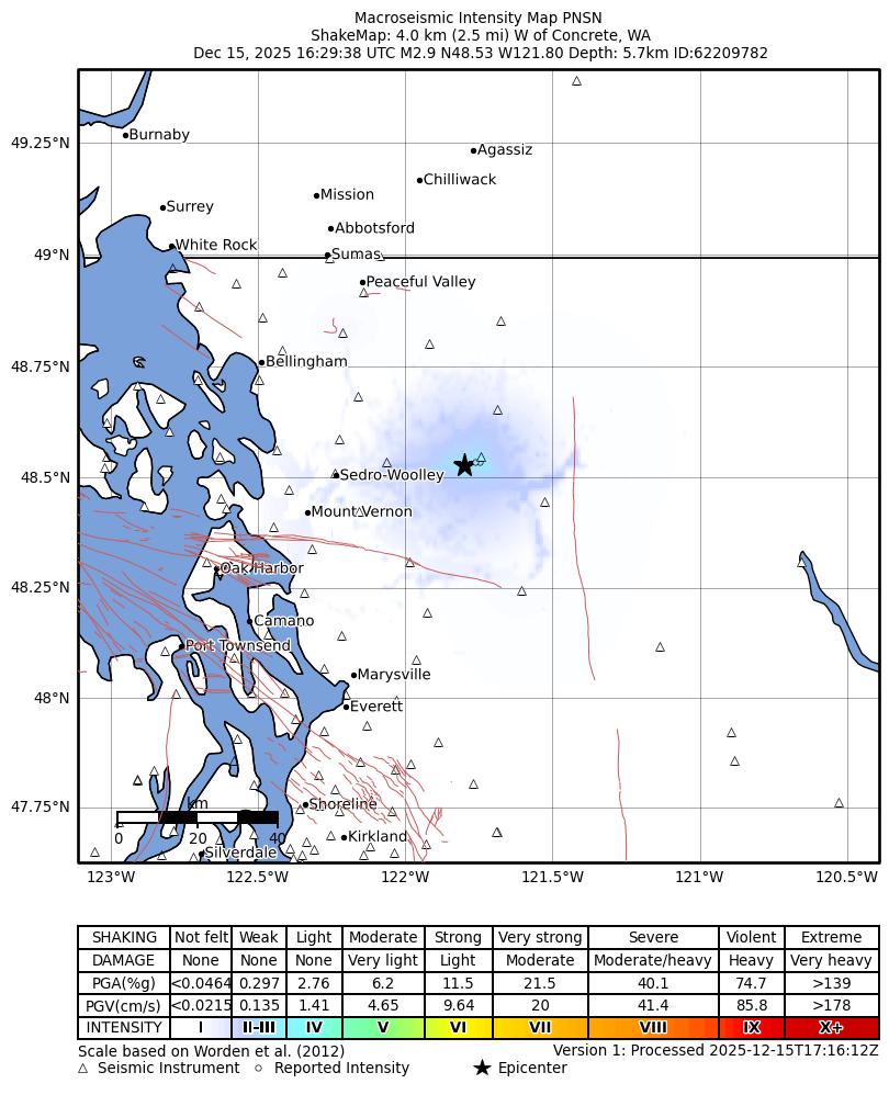 USGS ShakeMap: estimated shaking intensity around the epicenter